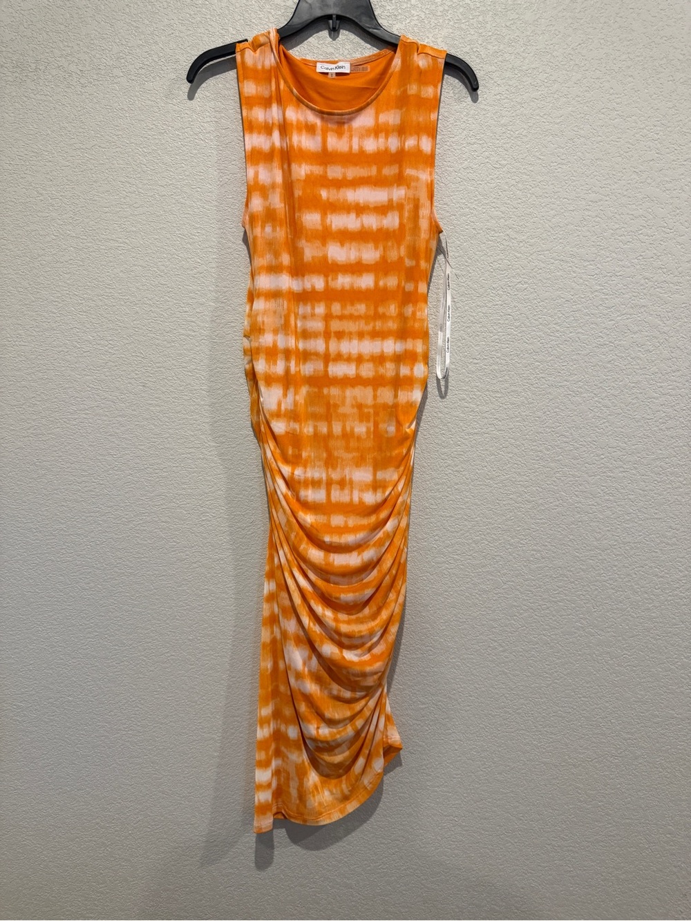 Calvin Klein Orange and White Tie-Dye Ruched Sleeveless Midi Dress